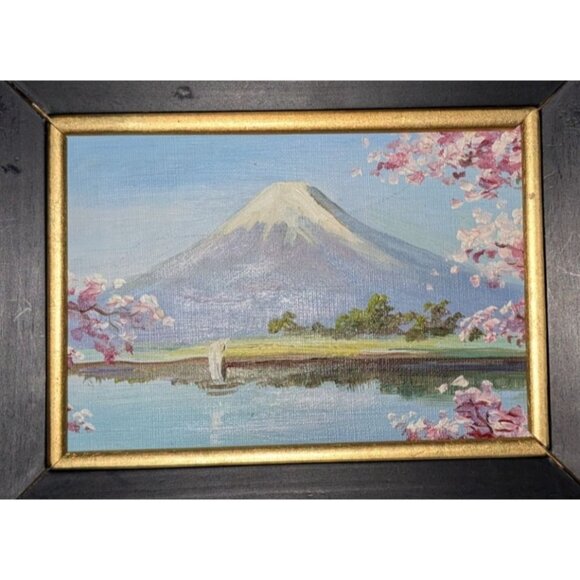 Set Of 4 Hand-Painted Mount Fuji Seasonal Scenes in Black & Gold Wooden Frames - Picture 16 of 16